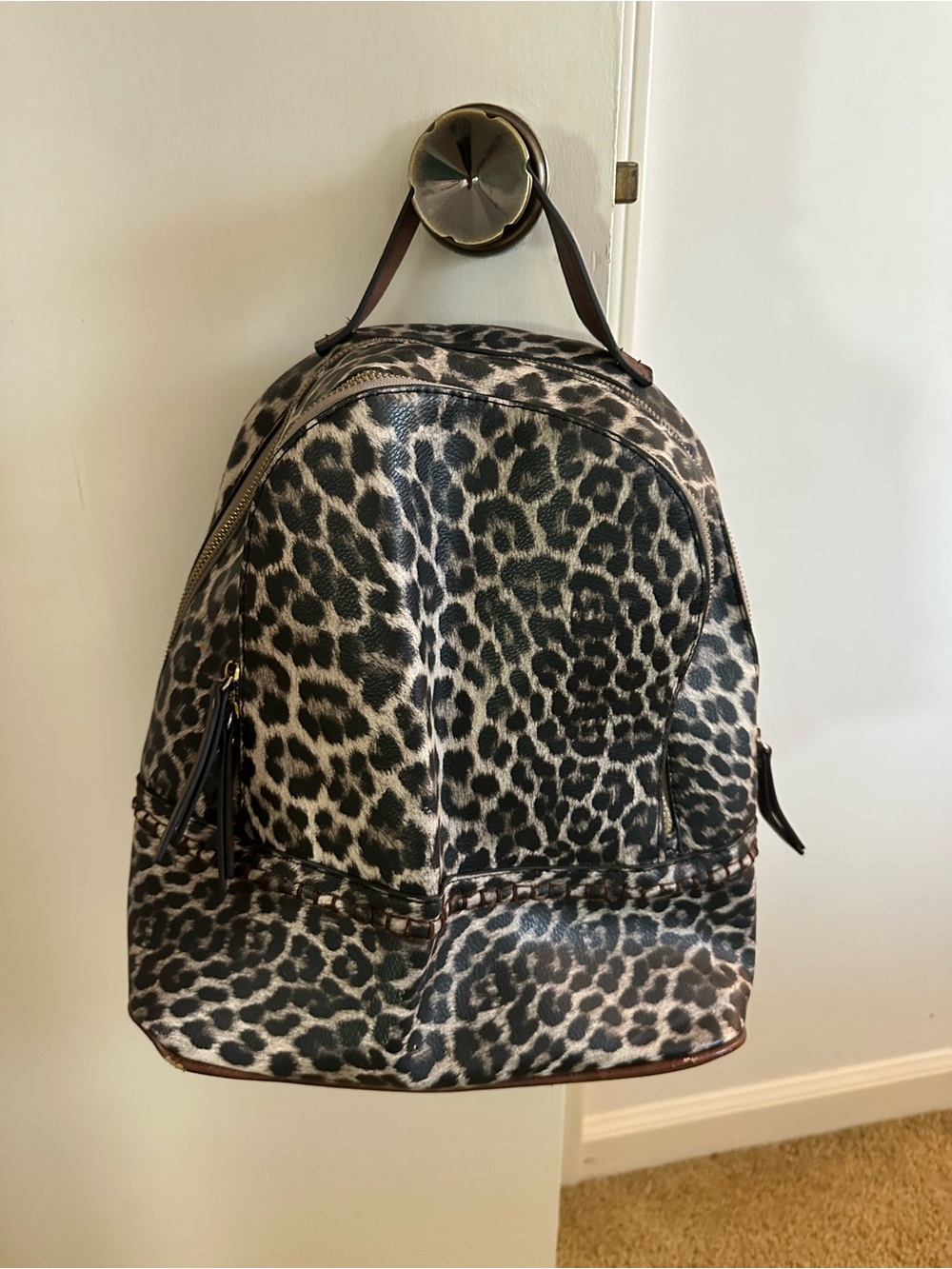Leopard Print Leather Backpack - Brown/Black